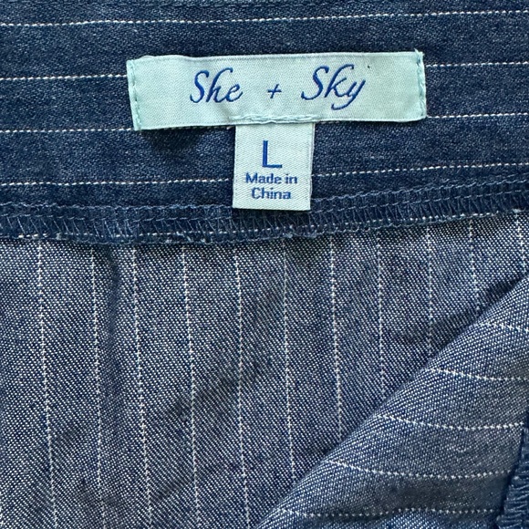 SHE + Sky Pinstripe Button Down Denim Mini Skirt - Size Large - Picture 3 of 4